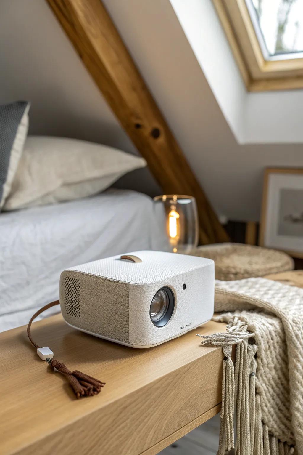 Tiny projector, big vibe—turn the A-frame ceiling into a cozy bed cinema in your attic.
