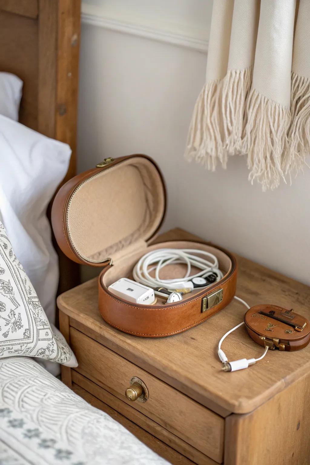 Tame cord chaos with a vintage hard case—pretty, practical, and always easy to find.