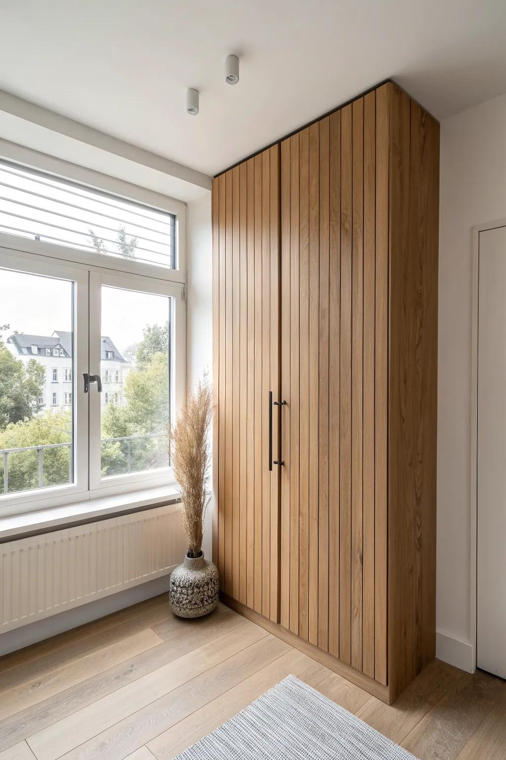 A slatted feature wall that secretly opens into a full closet—storage turned into decor.