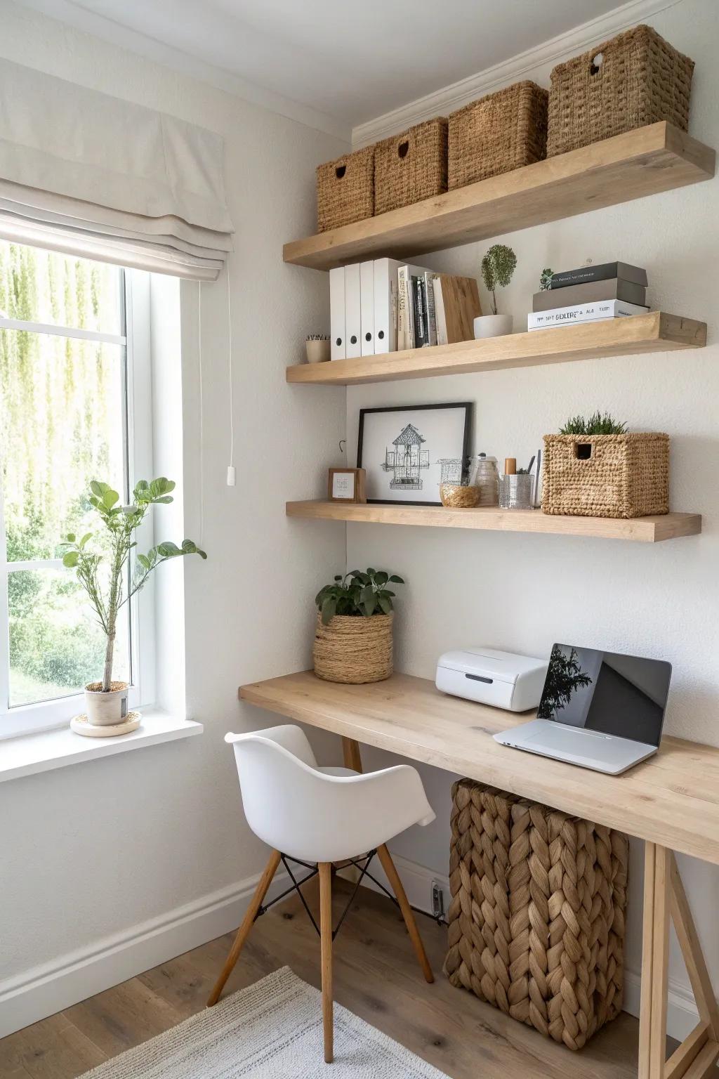 Turn forgotten corners into calm storage with airy shelves for paper and woven bins.