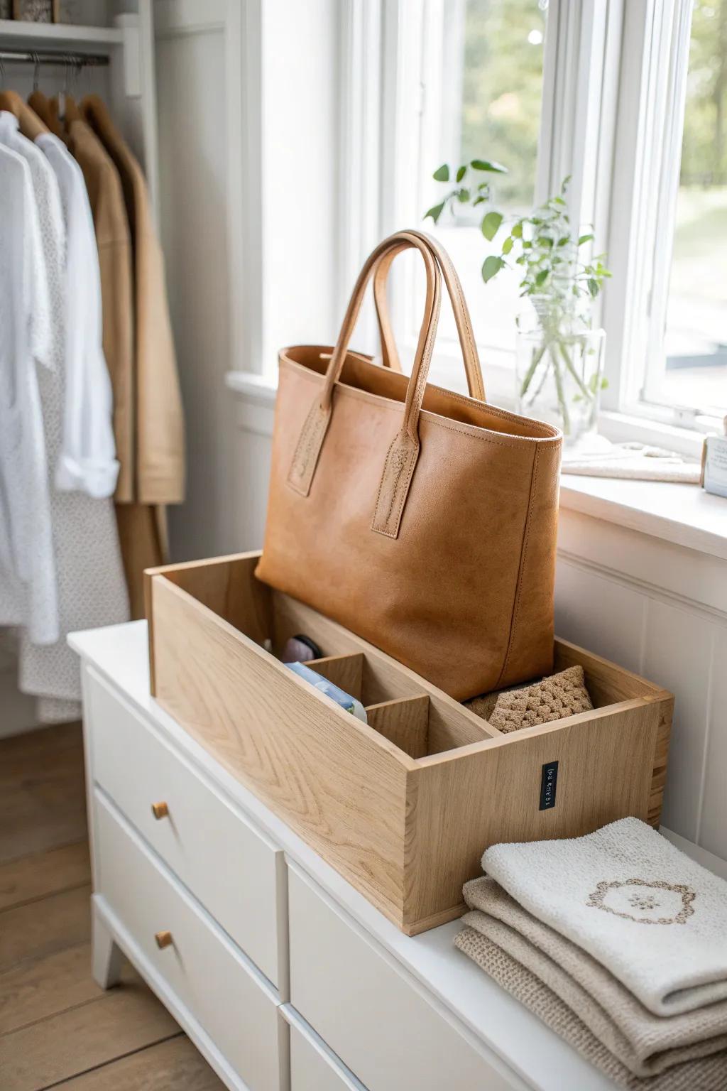 Create a “bag garage” with bin dividers—bags stand tall, look chic, and straps stay tangle-free.