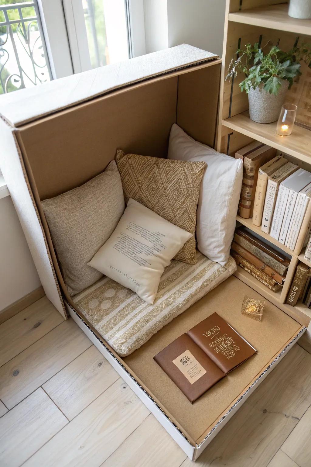 Escape into your own little world with this charming cardboard book nook—a perfect blend of simplicity and cozy elegance.