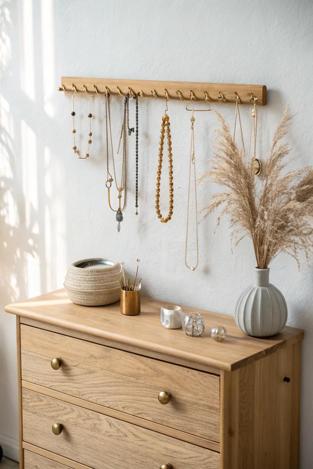 Keep jewelry visible and tangle-free with a sleek wall display above your dresser.