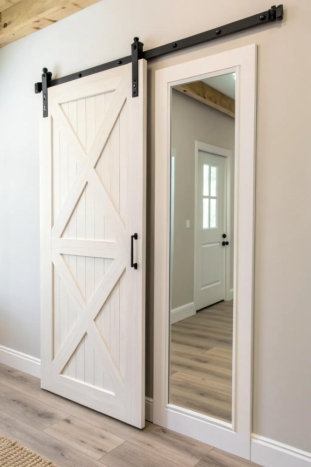 A white barn door with a full-length mirror—space-saving style that makes small rooms feel bigger.