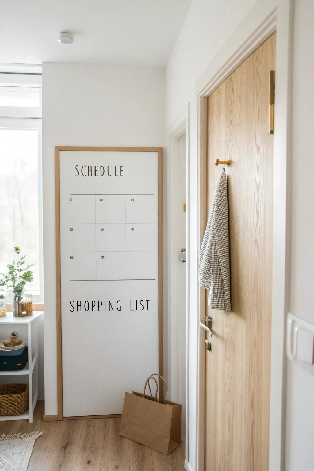 Door-back whiteboard command spot: simple schedule + shopping list for tiny-space order.