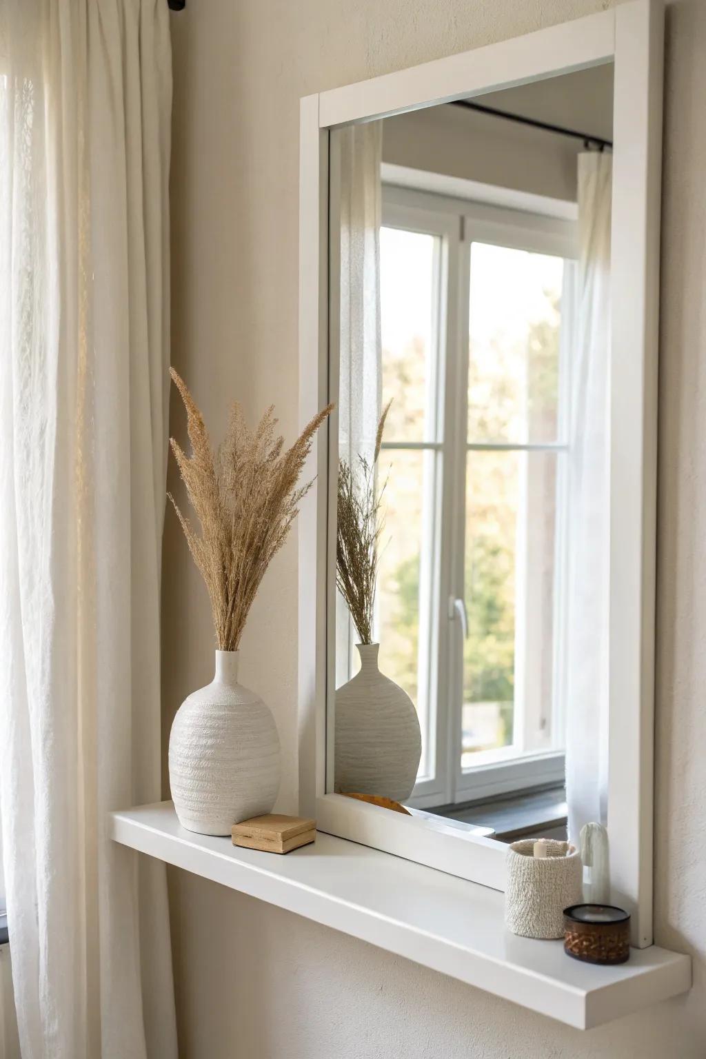 Mirror-backed white shelf that doubles the light—simple styling, big small-space impact.