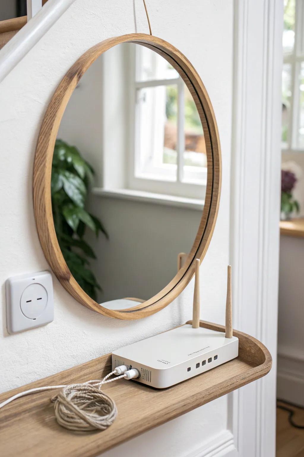 A mirror-back router shelf that hides your Wi‑Fi setup while keeping the wall airy and chic.
