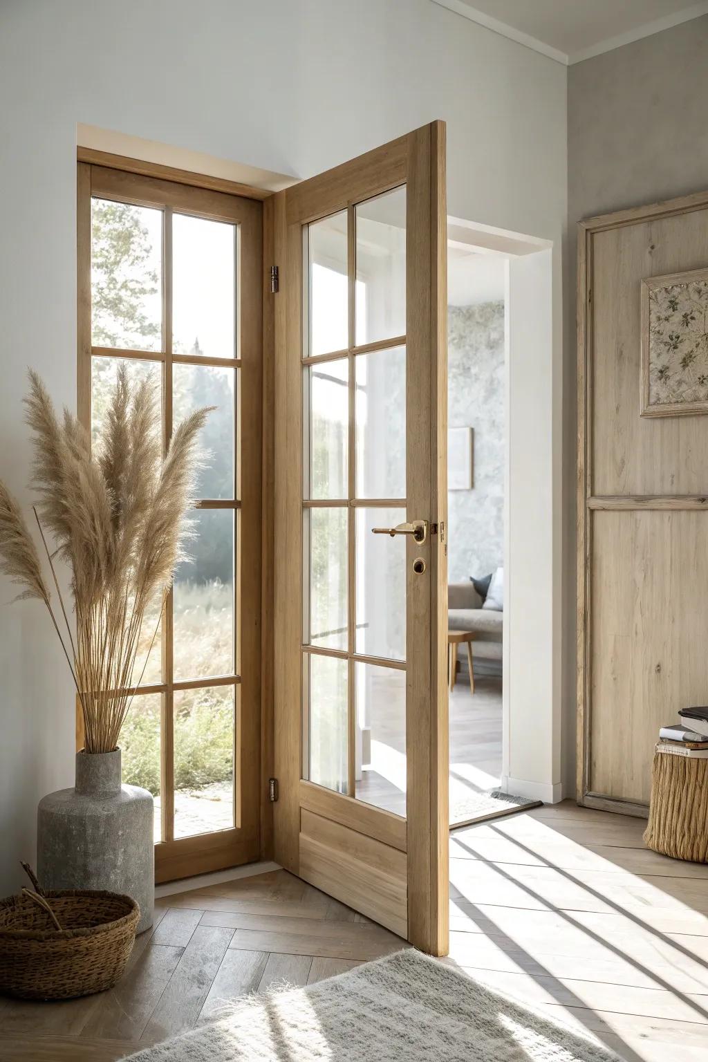 Interior glass door borrows daylight into a windowless office—airy, calm, and more connected.