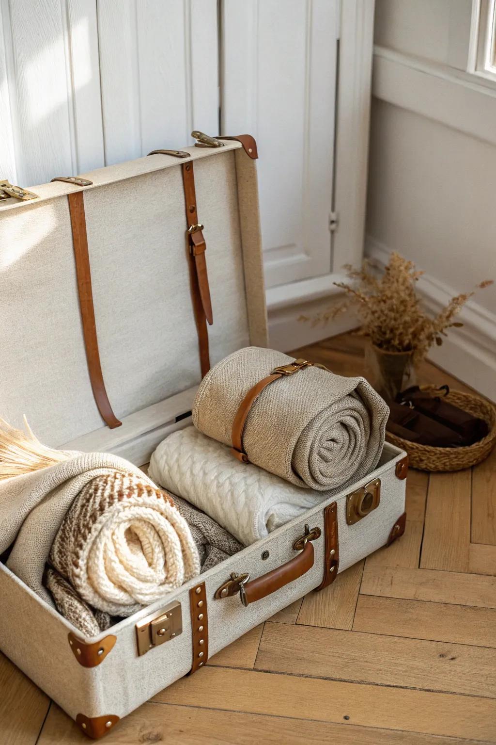 Store winter knits in a suitcase—space-saving, hidden in the closet, and ready for next season.