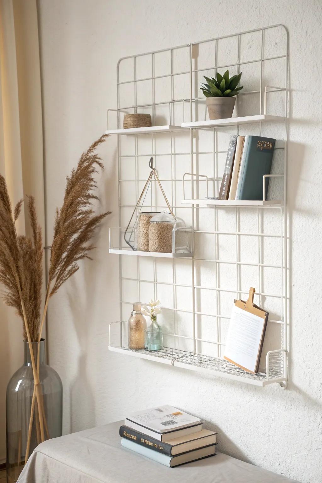 Flexible wire grid bookshelf: renter-friendly, minimalist, and easy to rearrange anytime.