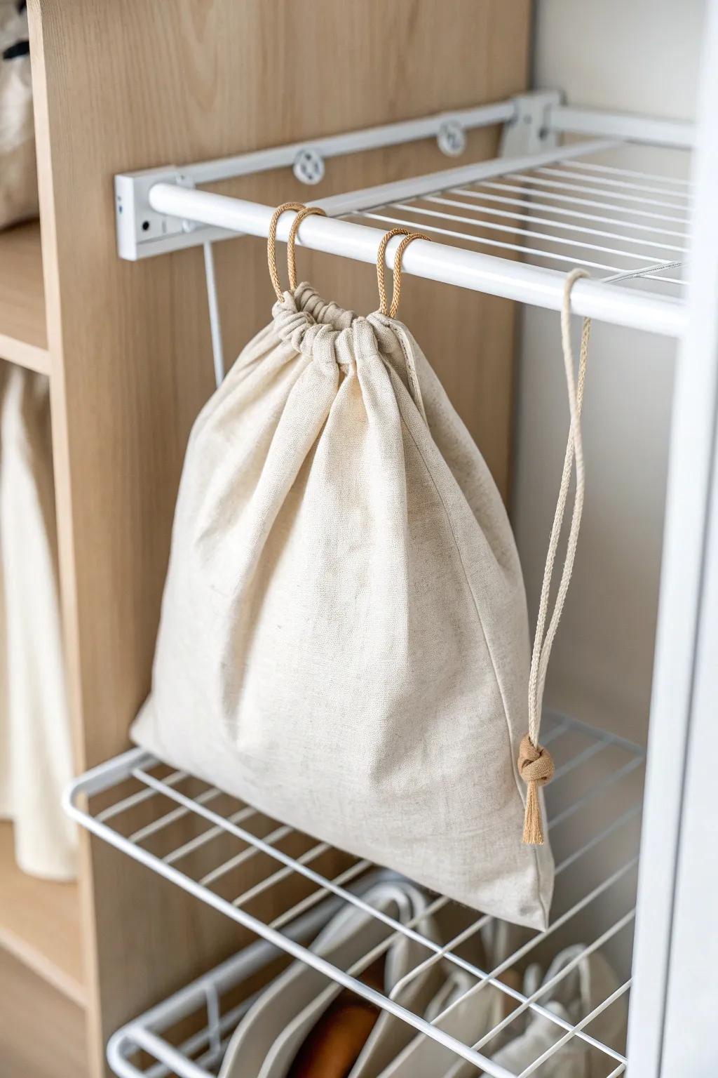 Hang a pull-out laundry bag from wire shelving—instant calm and clutter-free closet floors.