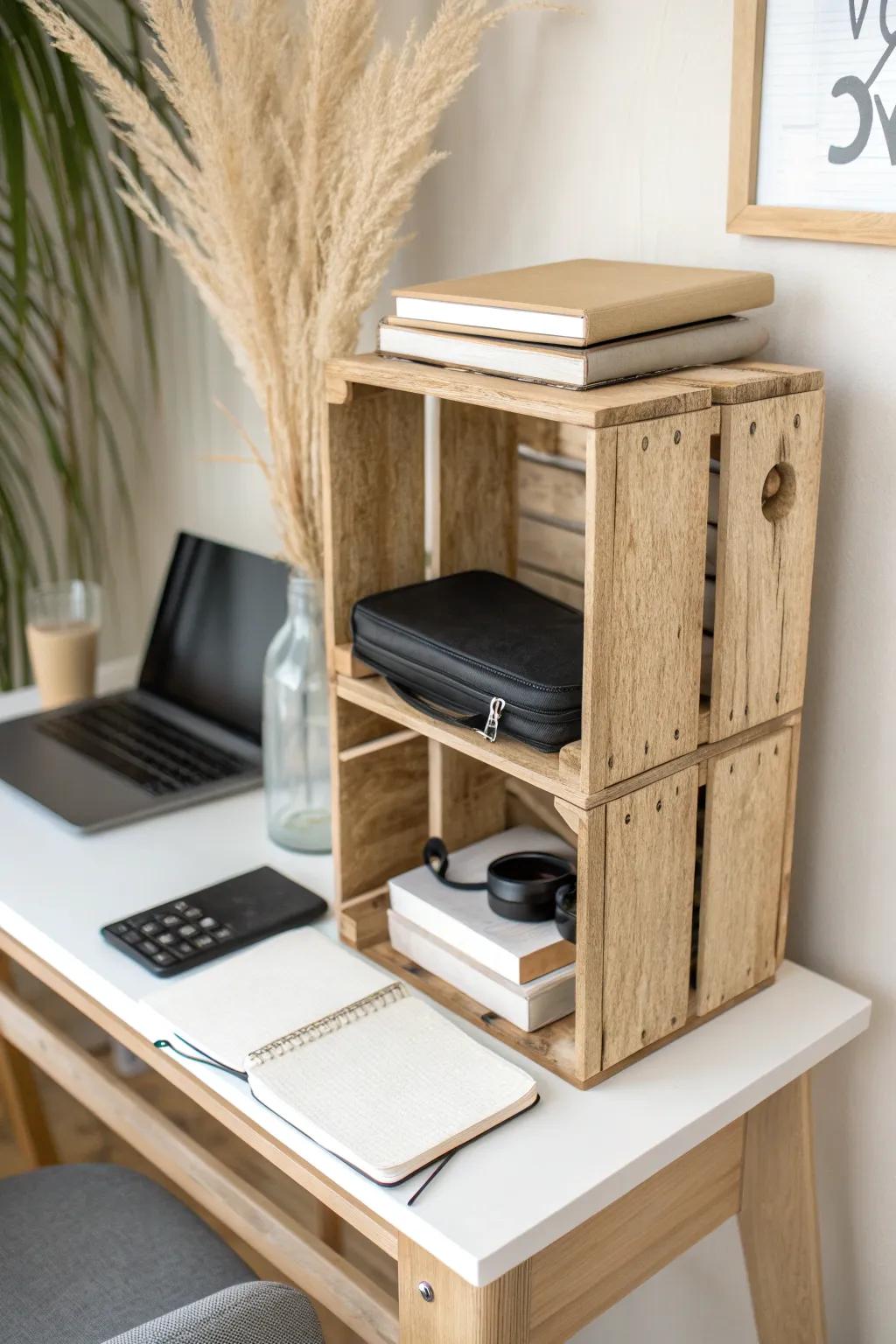 Two stacked wooden crates form a chic desk hutch—Scandi calm + tiny-space storage in one.