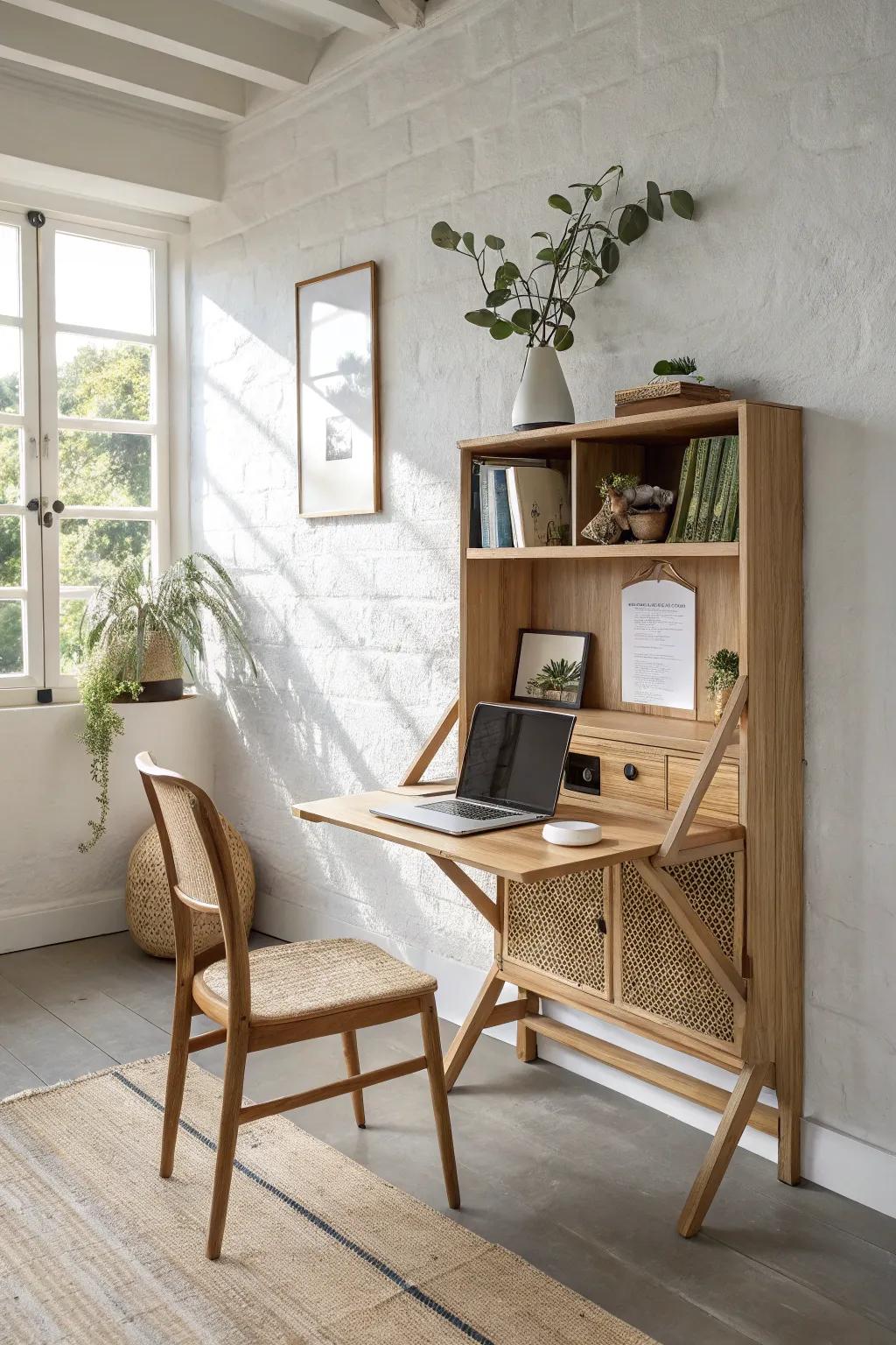 A fold-down wall desk in light oak saves space by day—and disappears neatly after work.