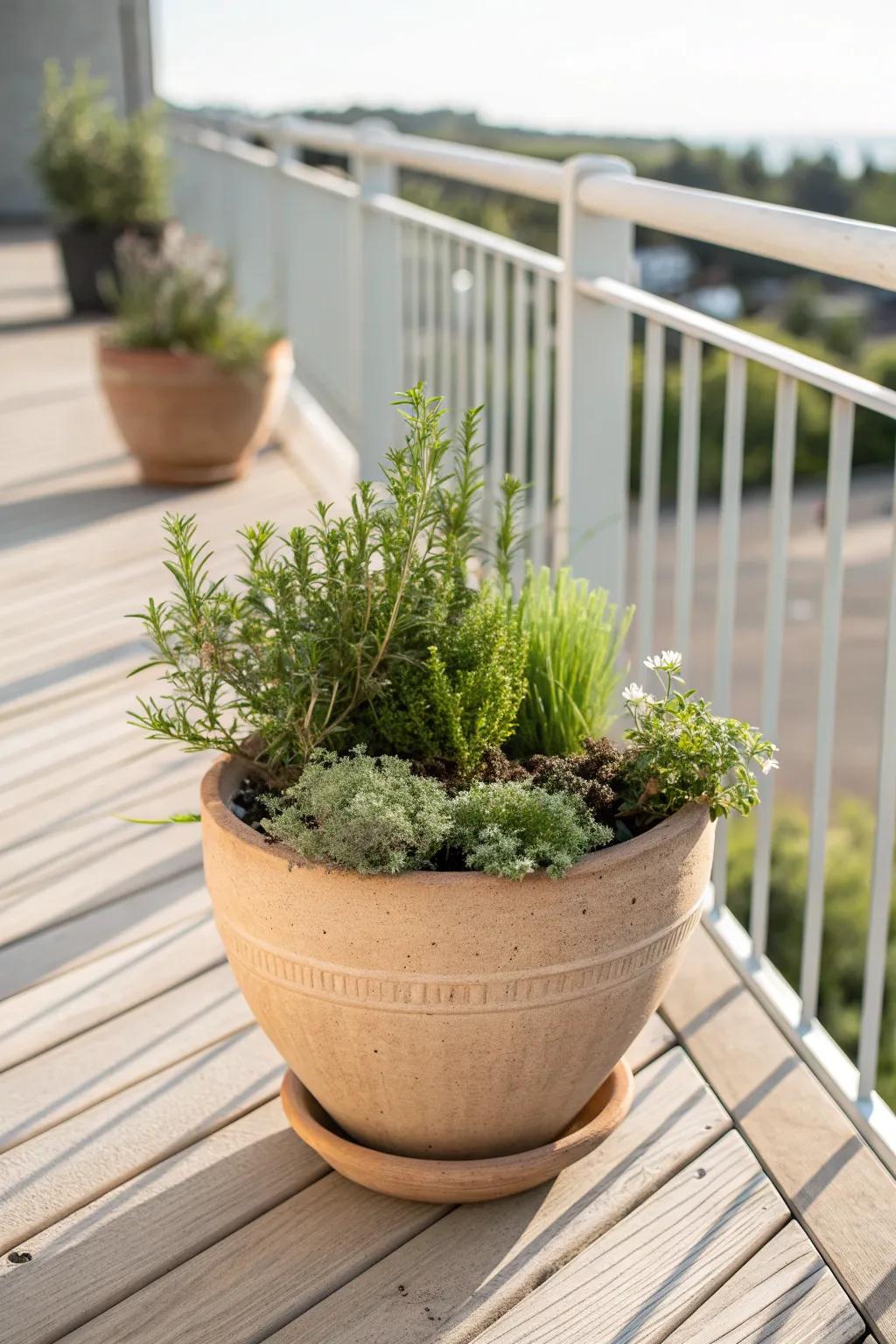 Turn your wraparound balcony into a garden walk—fragrant herb “checkpoints” along the way.
