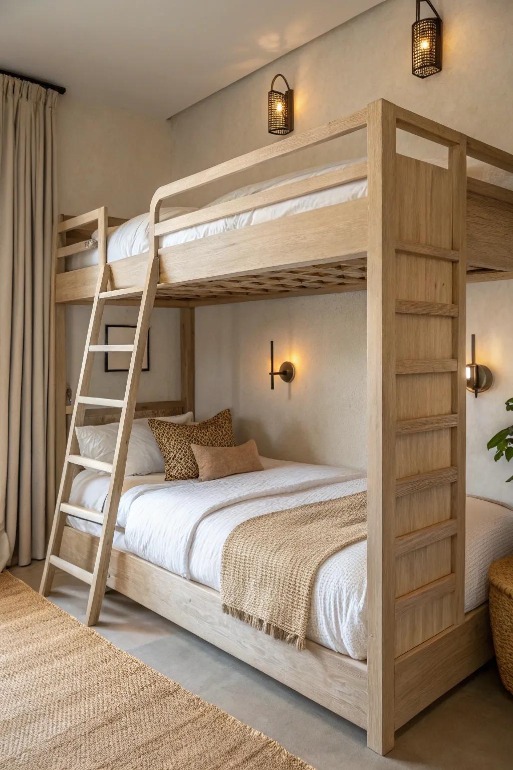 Adult-ready modern bunk beds: built-in birch, hotel linens, warm lighting, small-space smart