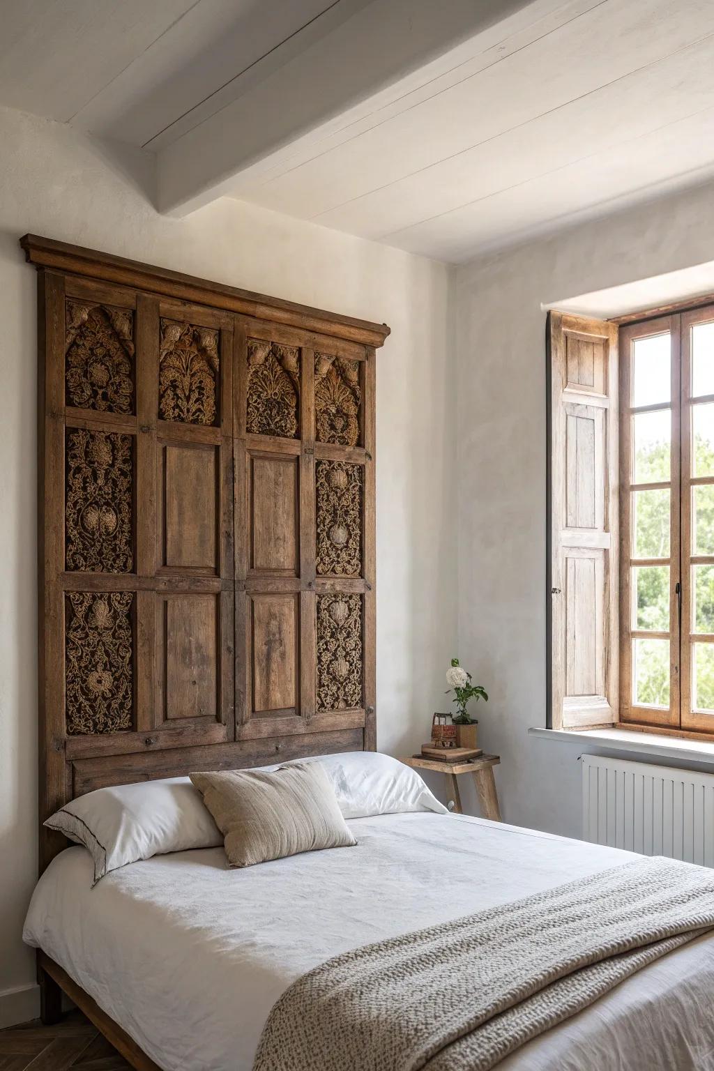 A vintage carved panel above the bed adds instant character—no art needed, just a story.