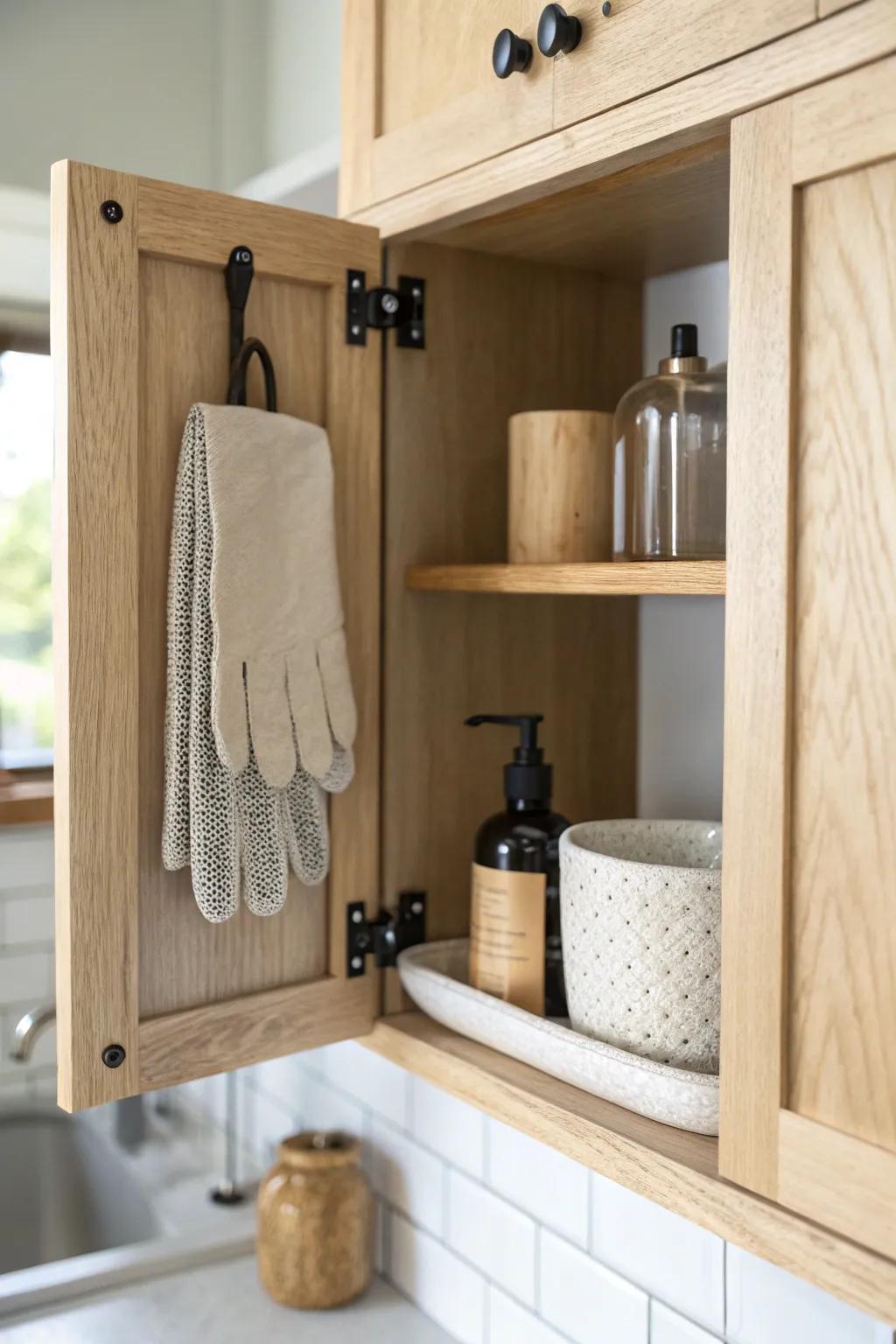 Hang brushes inside the cabinet door—sleek hooks plus a drip tray keep the sink zone tidy.