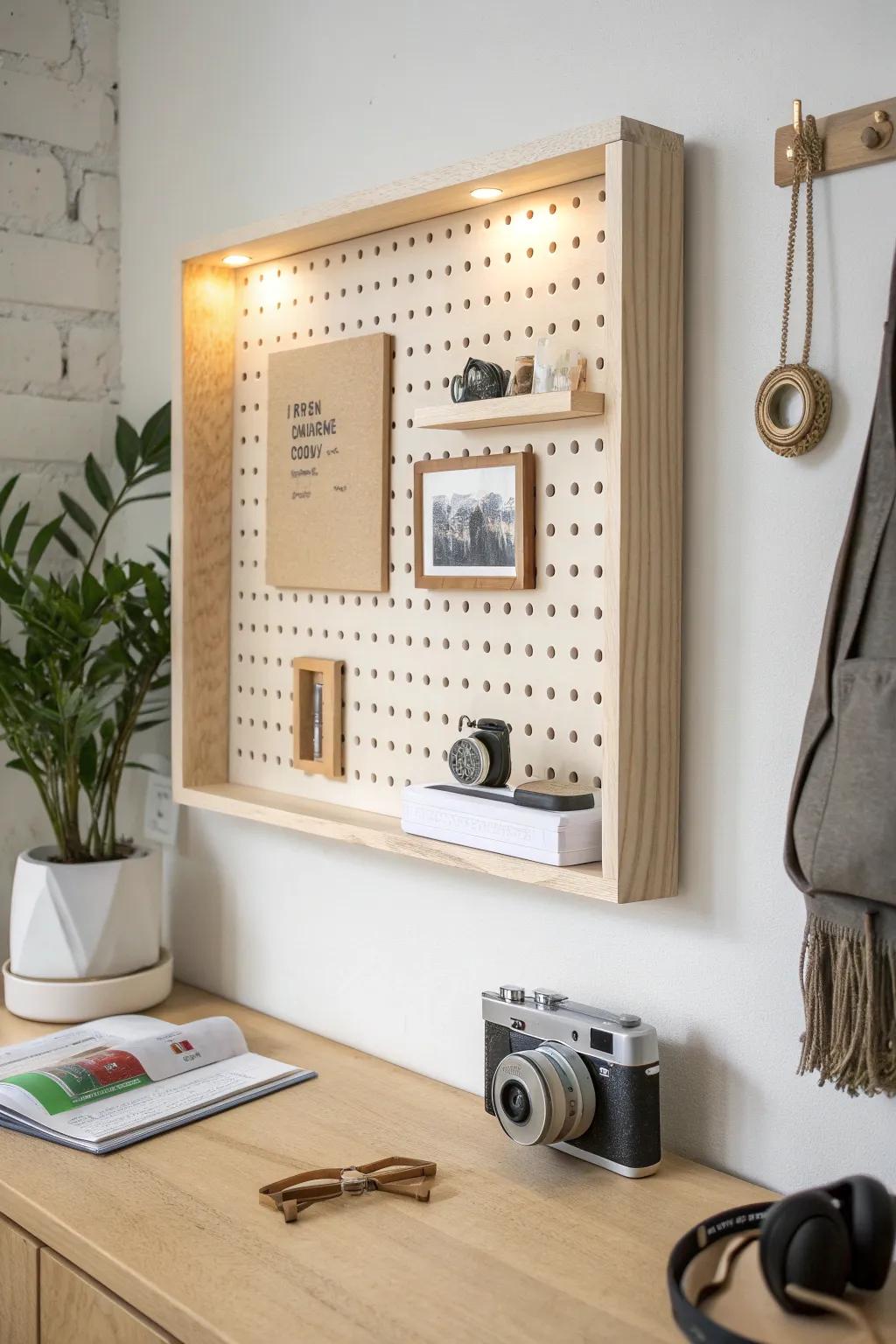A warm backlit pegboard shadowbox that turns simple storage into a cozy gallery moment.