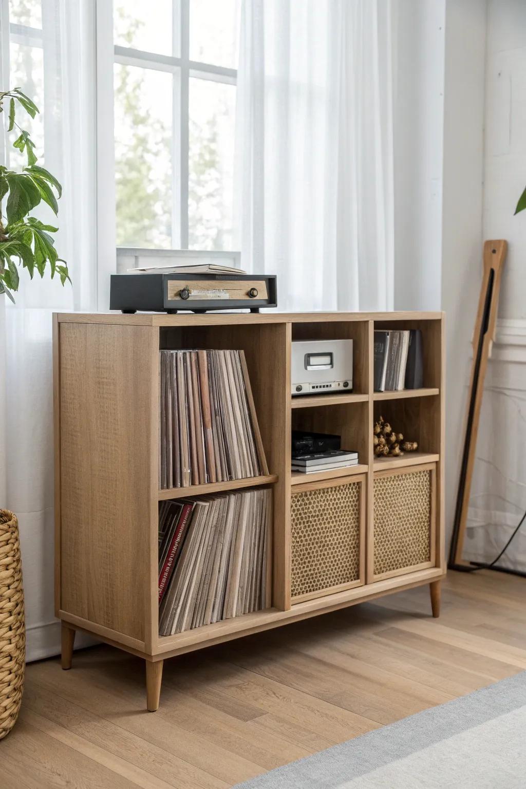 Double-sided room-divider shelf: beautiful zoning plus safe, stylish vinyl album storage.