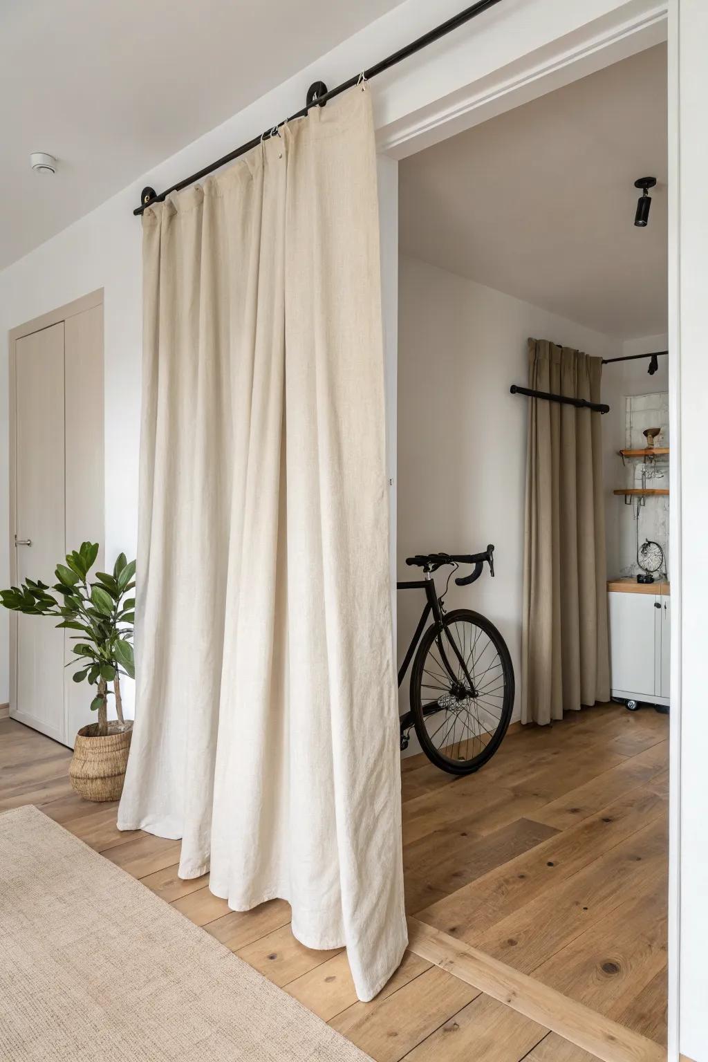 A linen curtain on a ceiling track hides a bike nook—calm, tidy storage for small apartments.