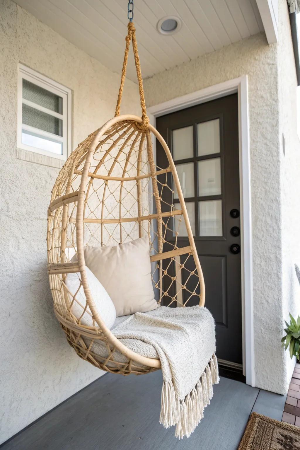 Small-porch wow: a minimalist hanging chair look‑alike adds that dreamy swingy vibe.