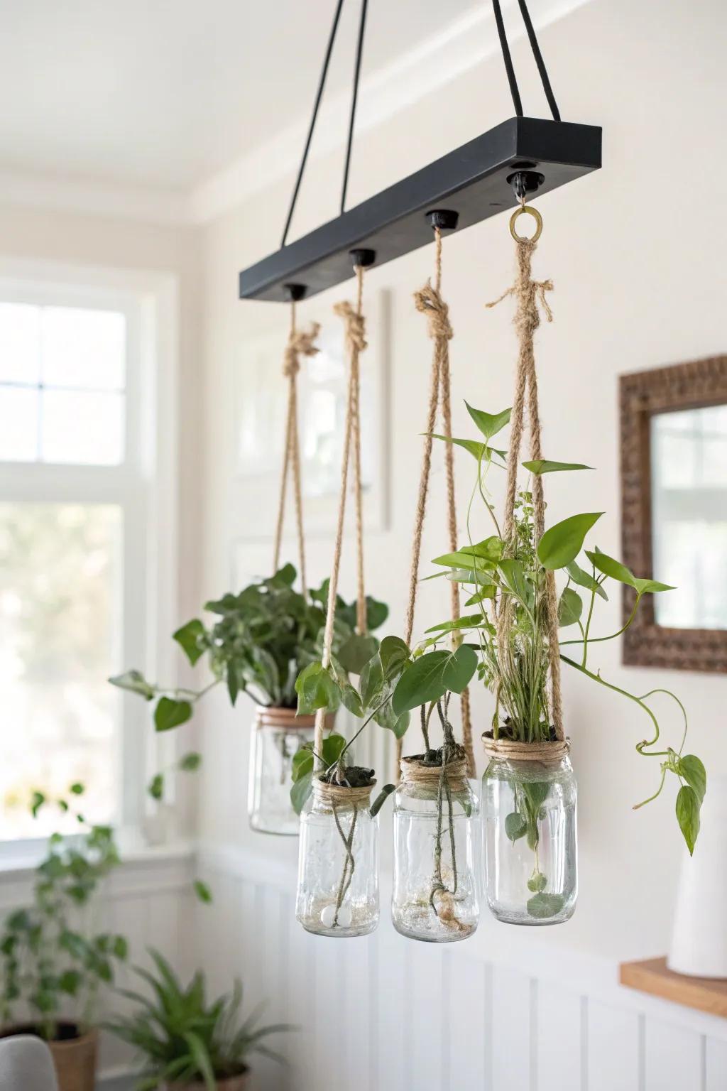 Turn cuttings into art: a floating propagation chandelier that grows new plants in style.