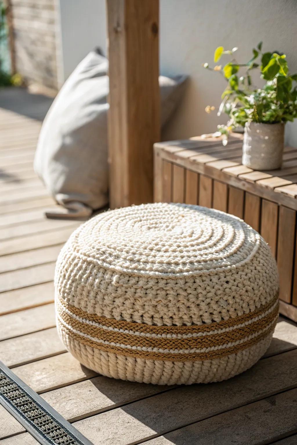 Budget patio upgrade: a cozy woven floor pouf creates a flexible lounge without bulky chairs.