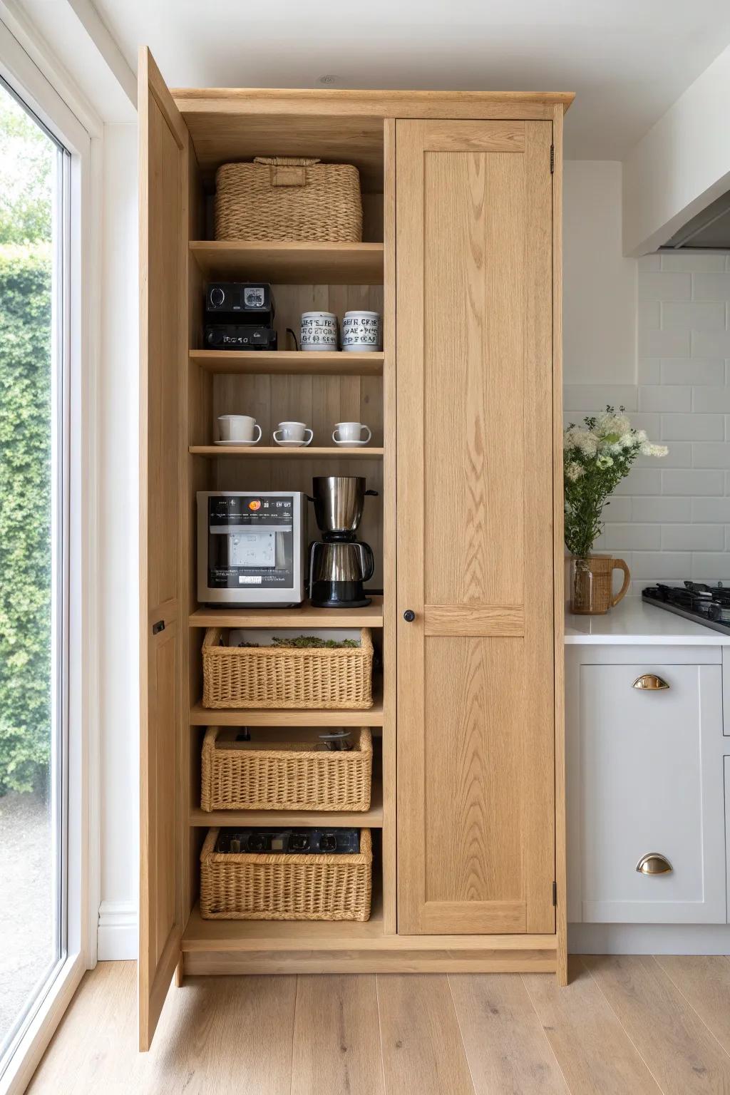 Vertical appliance garage tower: everyday gadgets at arm level, clutter-free counters.