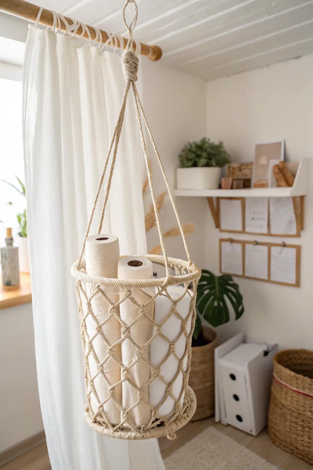 Ceiling-hung net stores paper rolls and foam boards, clearing a whole corner in small spaces.