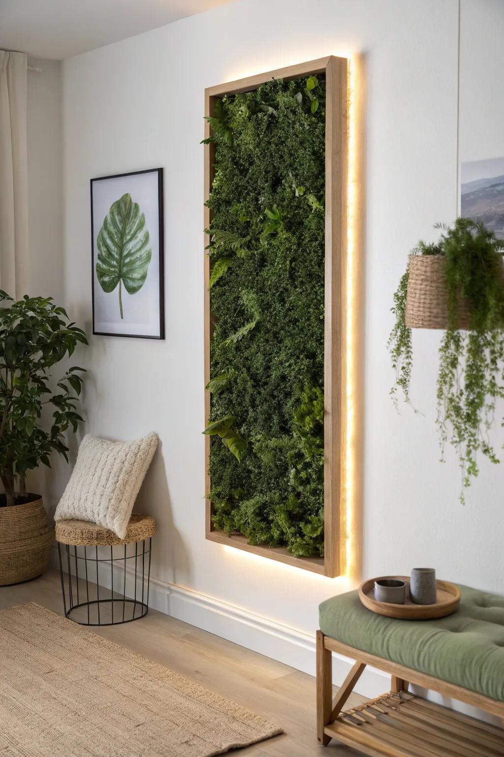 A warm backlit glow makes faux greenery panels look lush, dimensional, and cozy at night.
