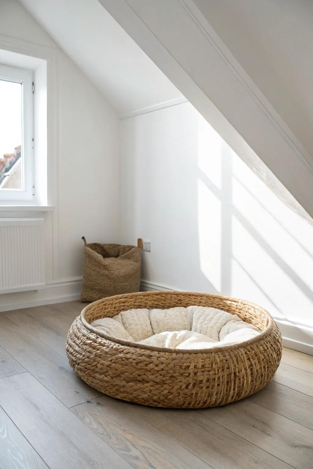 Turn an awkward corner into a chic pet lounge with a woven bed and warm, calm textures.