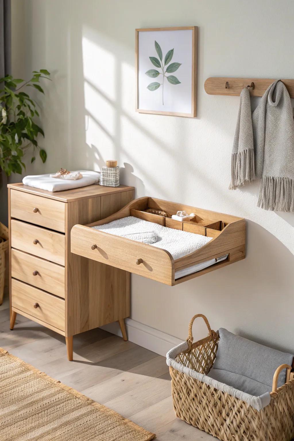 Fold-flat wall changing station in light oak—sleek, space-saving style for tiny nurseries.