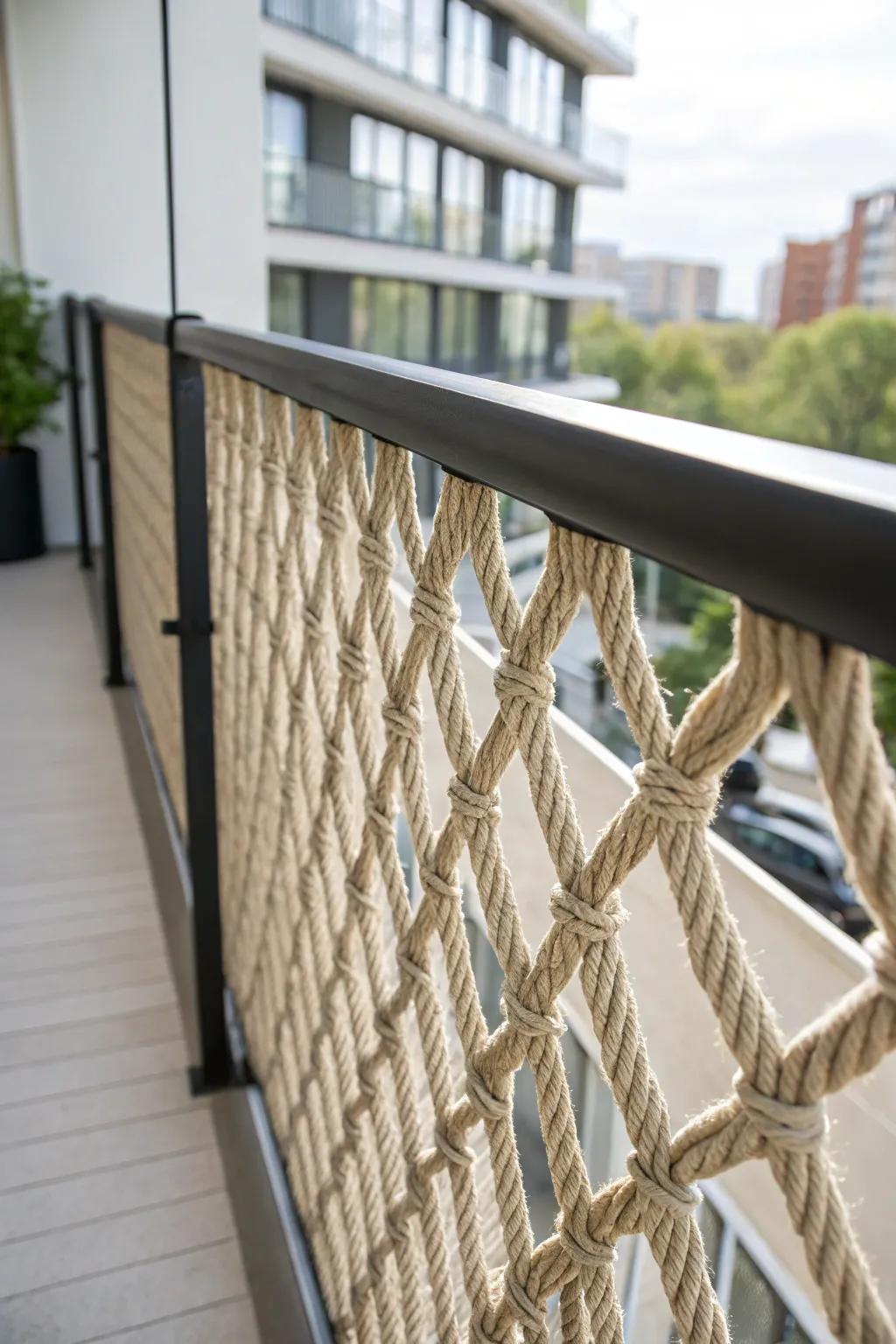 A simple railing upgrade: woven outdoor cord adds a soft, boutique patio feel in small spaces.