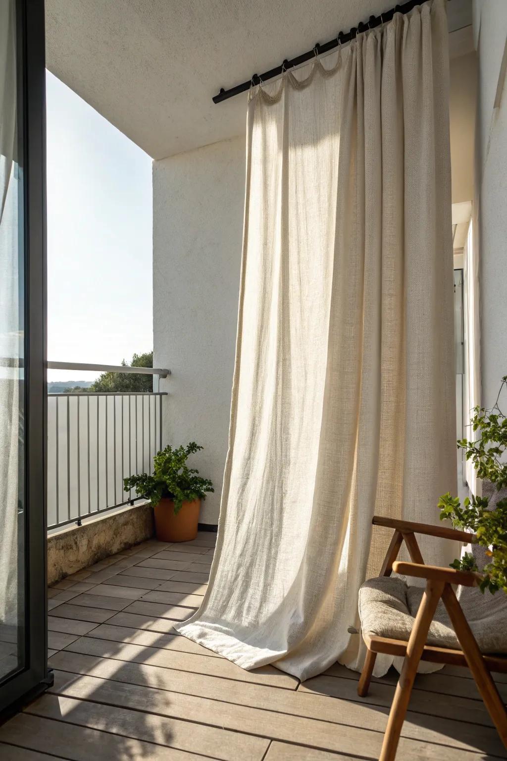 A single linen corner curtain blocks that one harsh beam—minimal, airy, and intentional.