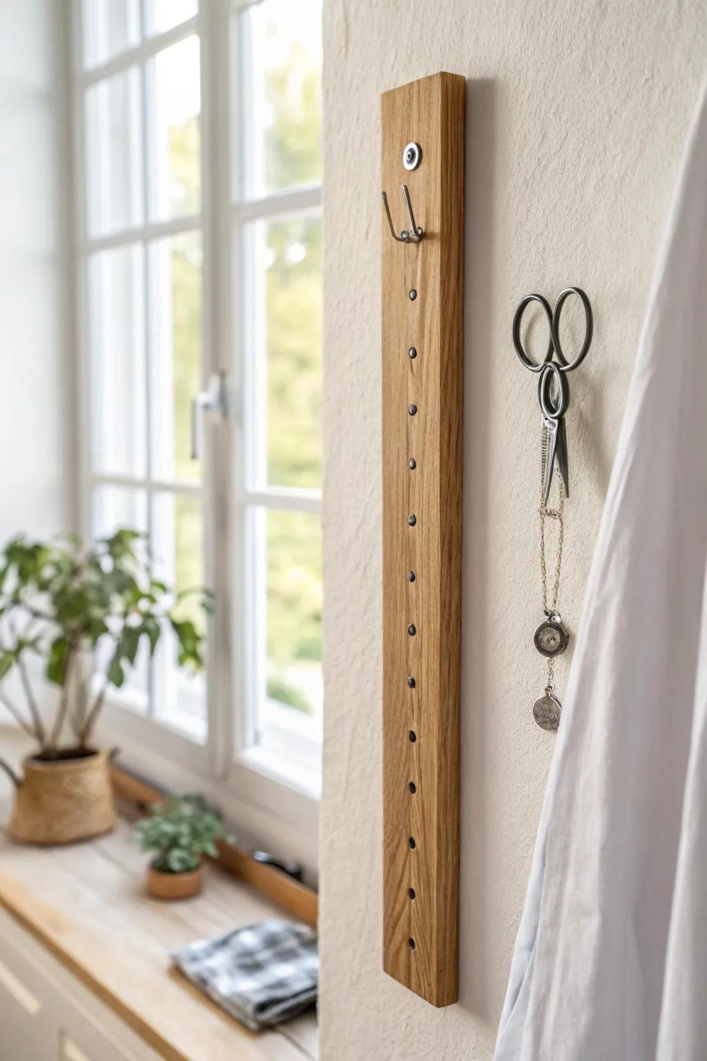 A sleek magnetic strip keeps tiny metal bits tidy—no bulky bins, just vertical space.