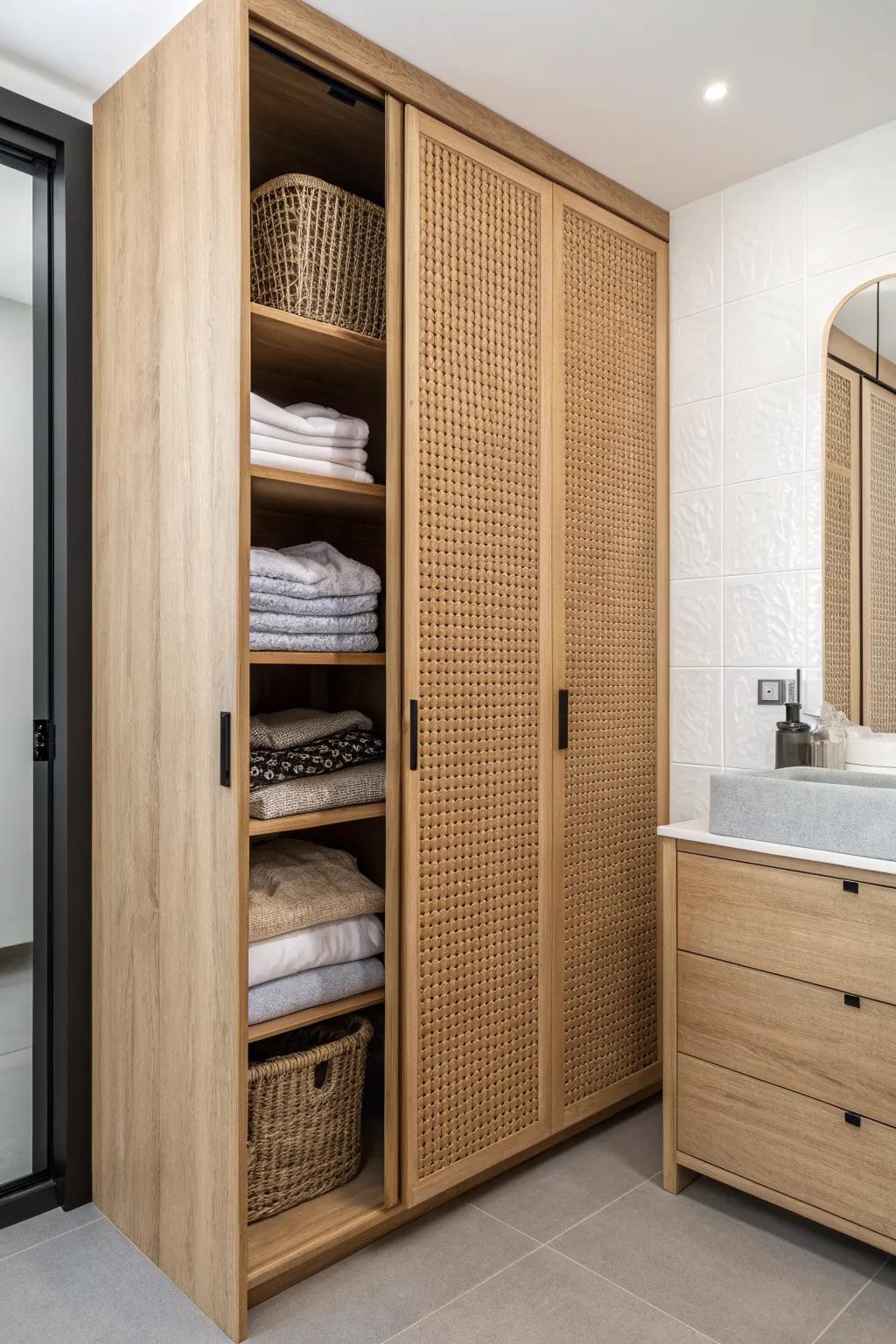 A packed closet wall buffers bathroom noise—quiet mornings, calmer nights in tiny layouts.