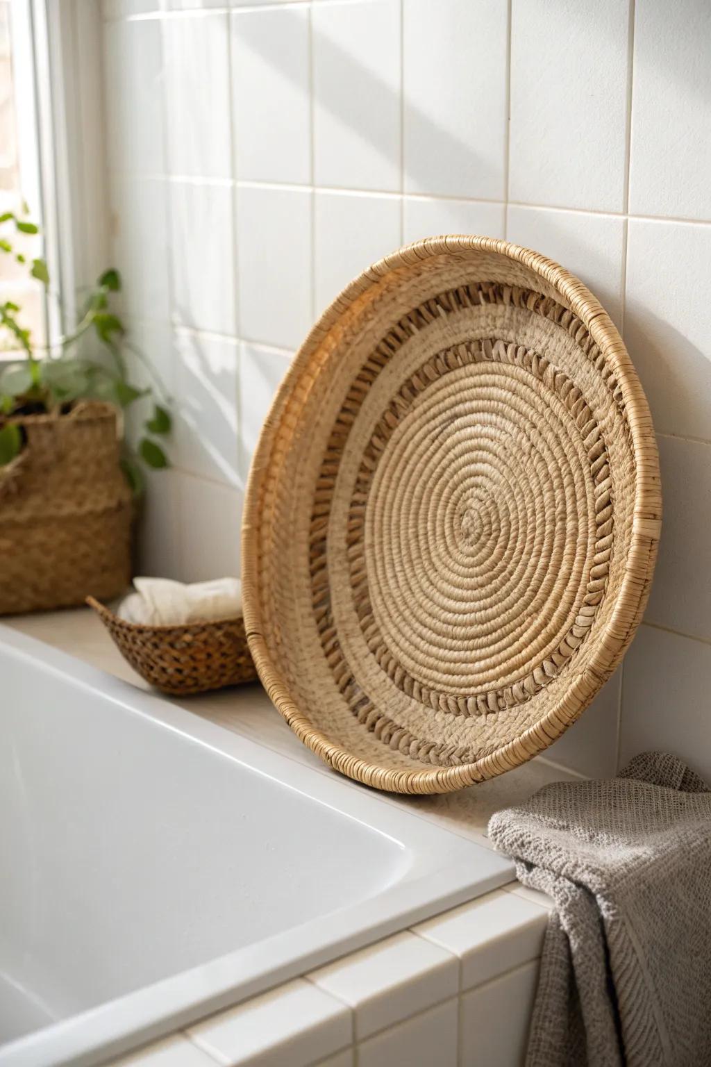 Flat woven basket tray wall art—an easy wow detail for tiny bathrooms with zero counter space.