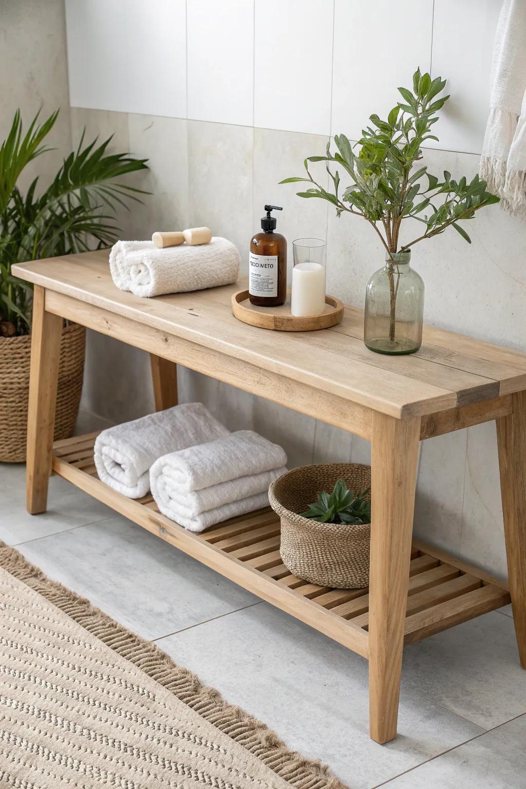 Extra-long bench styling: rolled towels, a tray, and a tiny plant for instant spa vibes.