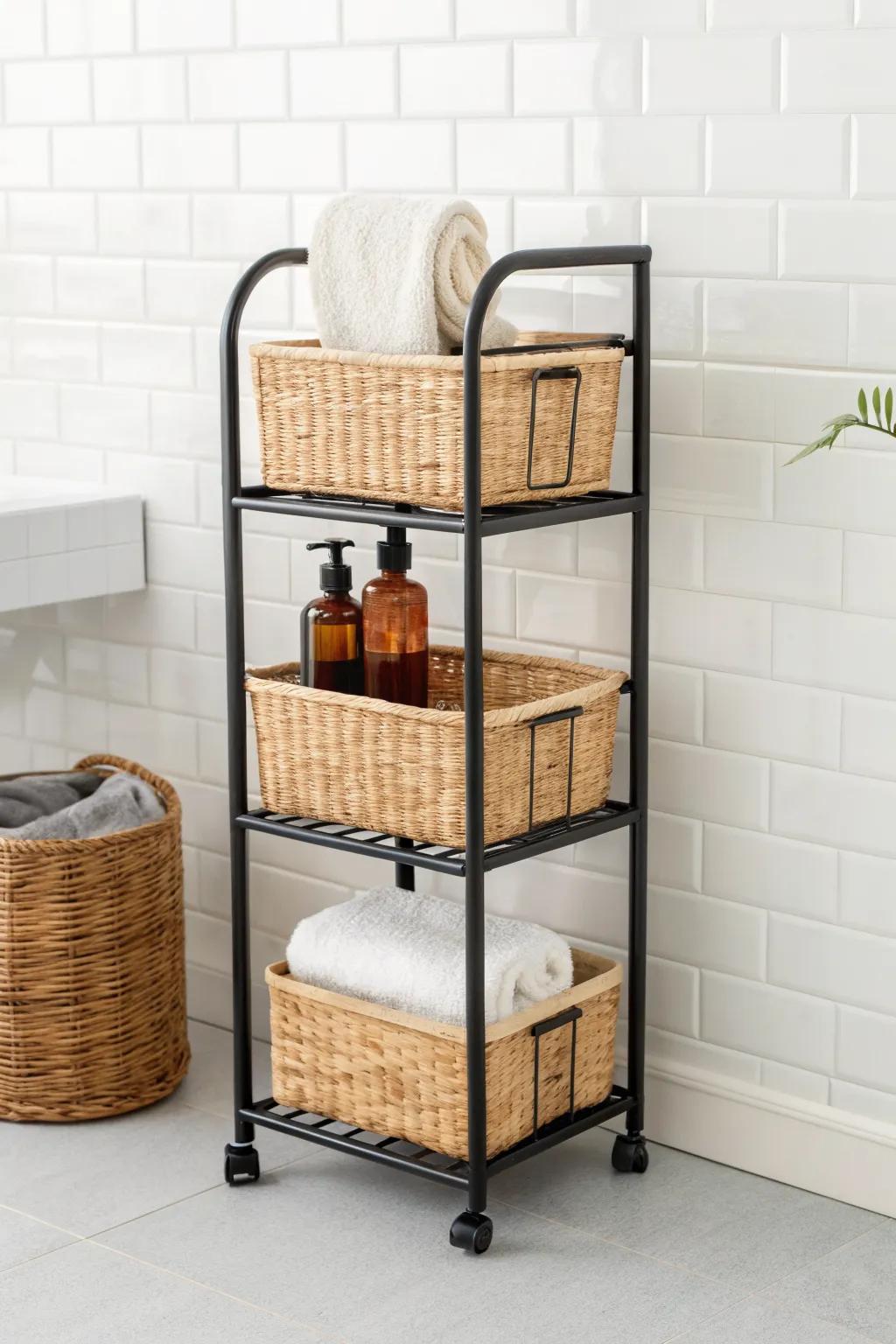 Texture-first basket cart: woven storage that hides clutter and softens a small bathroom.