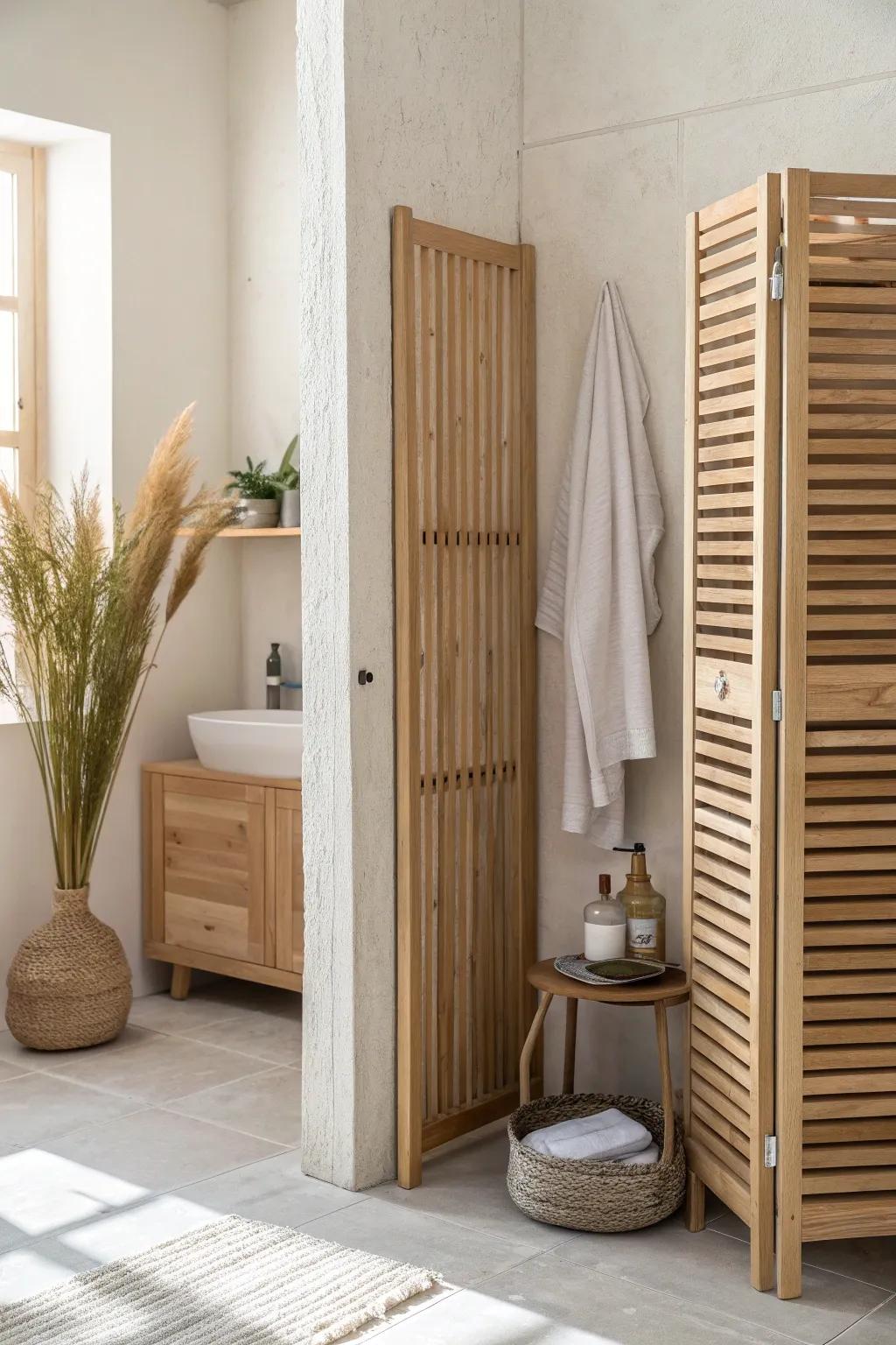 A slatted screen keeps a doorless closet airy—add a moisture absorber to keep linens fresh.