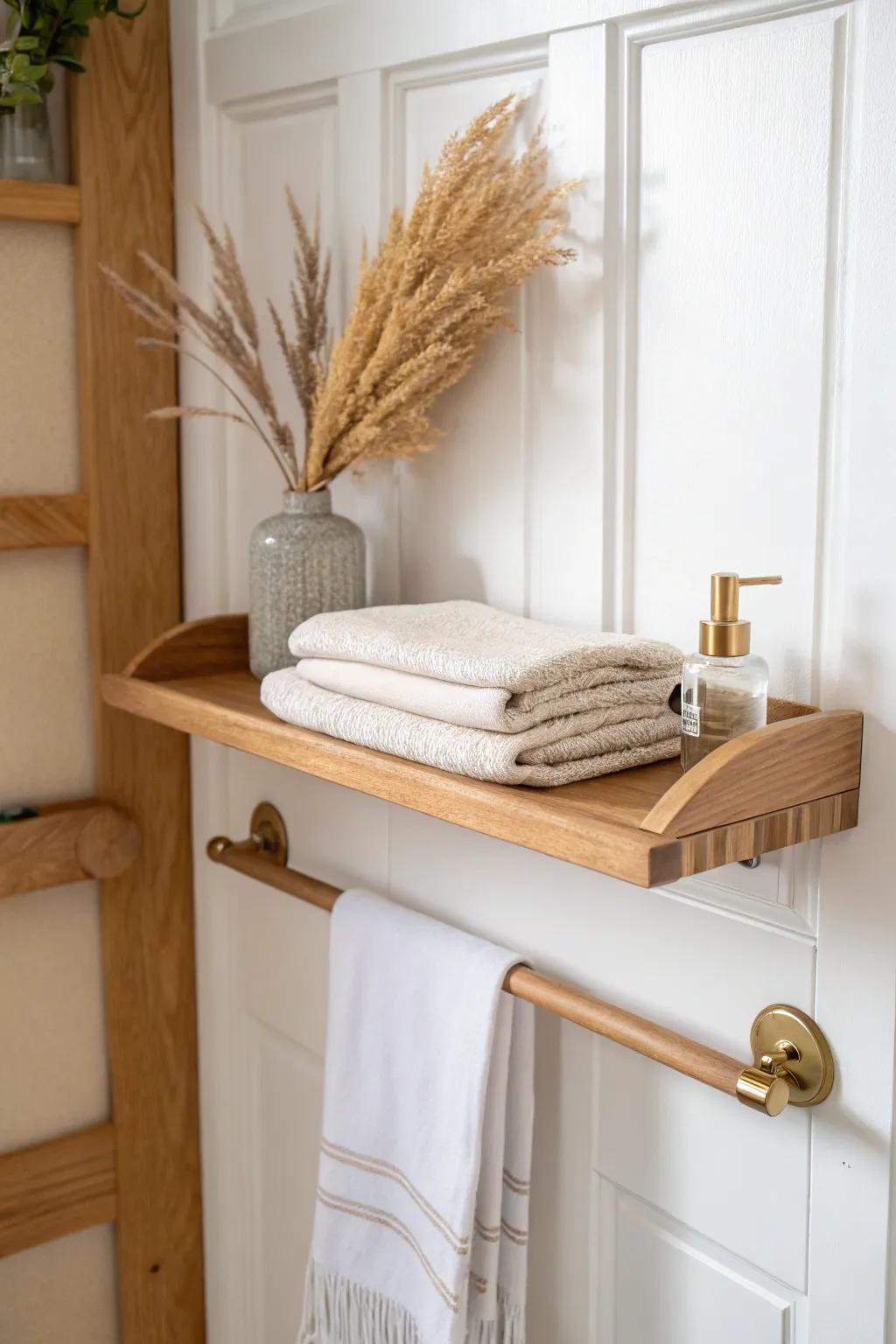 A fold-down staging shelf inside the closet door makes towel restocking feel effortless.