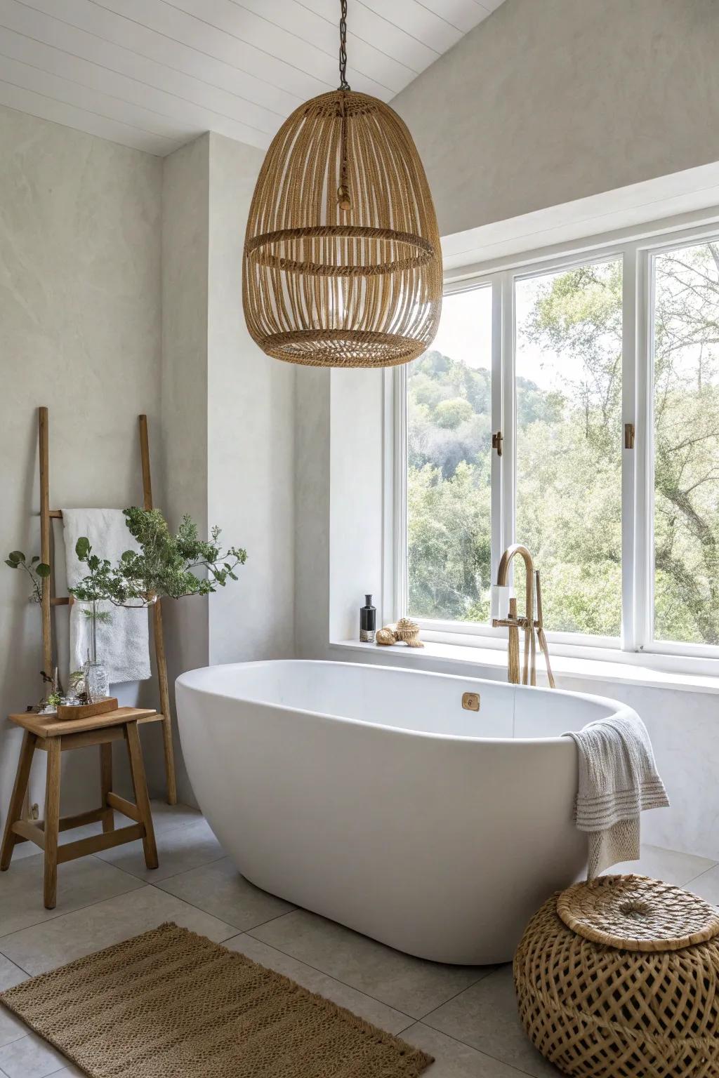 A bold pendant over the tub adds instant luxe—perfect for small, minimalist bathrooms.