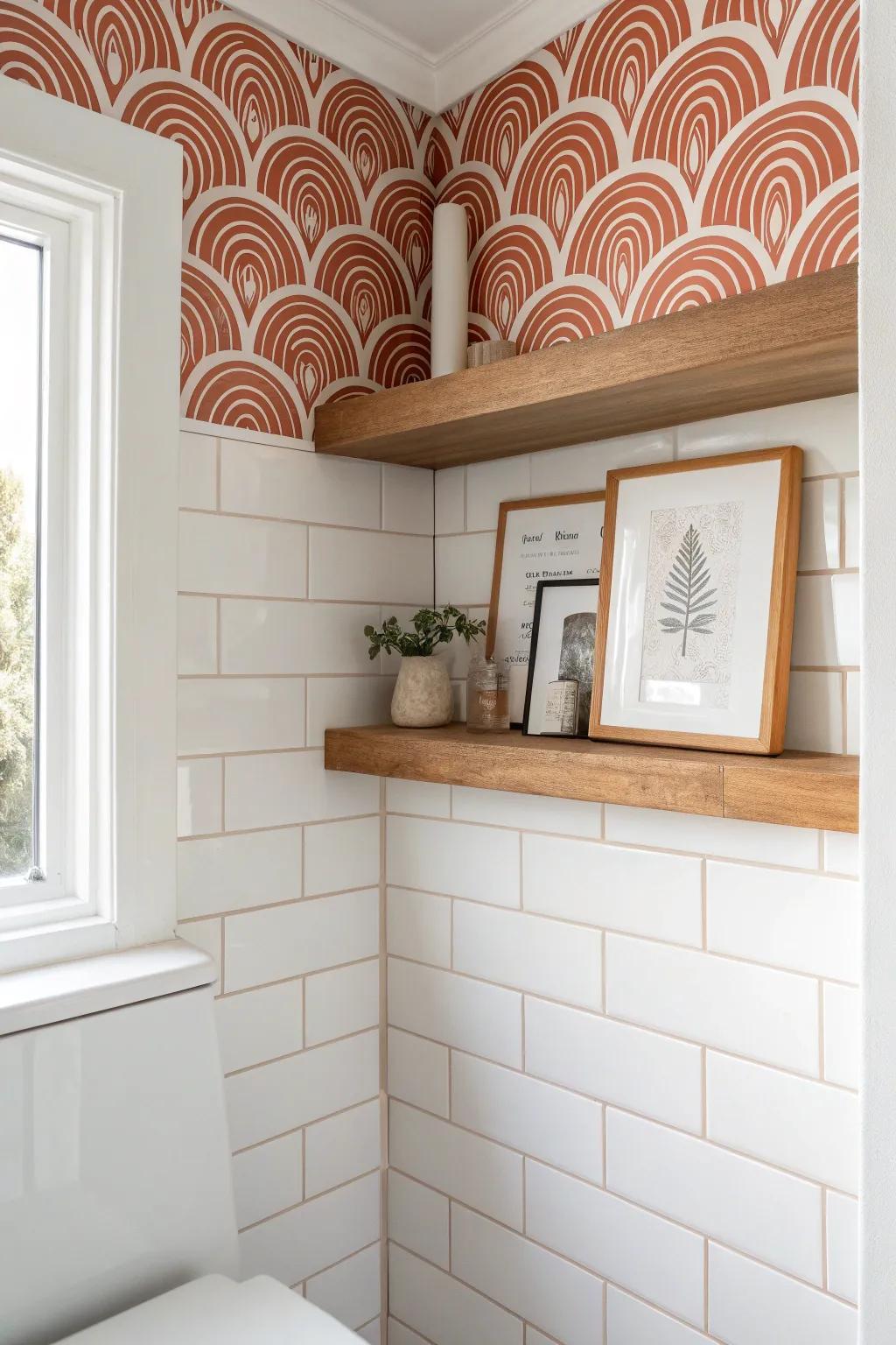 Bold wallpaper turns a tiny bathroom nook into a feature—add a slim ledge to swap art easily.