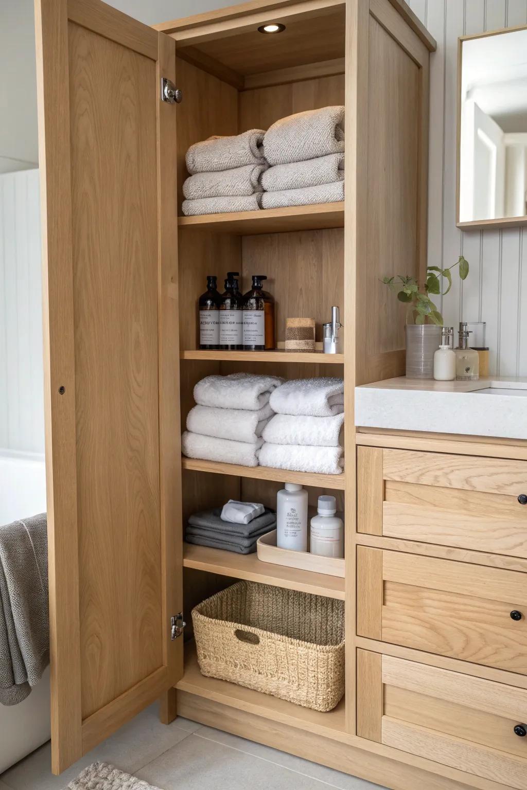 A double-depth bathroom pantry: daily essentials up front, refills tucked neatly behind.