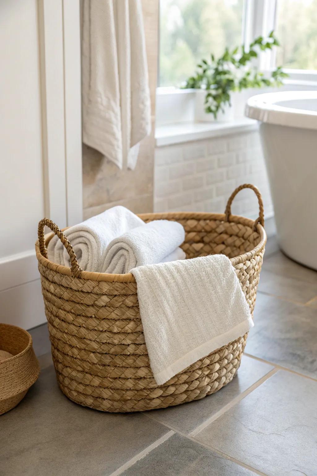 A lined towel basket keeps clean towels protected from steam—pretty, practical, and small-space friendly.