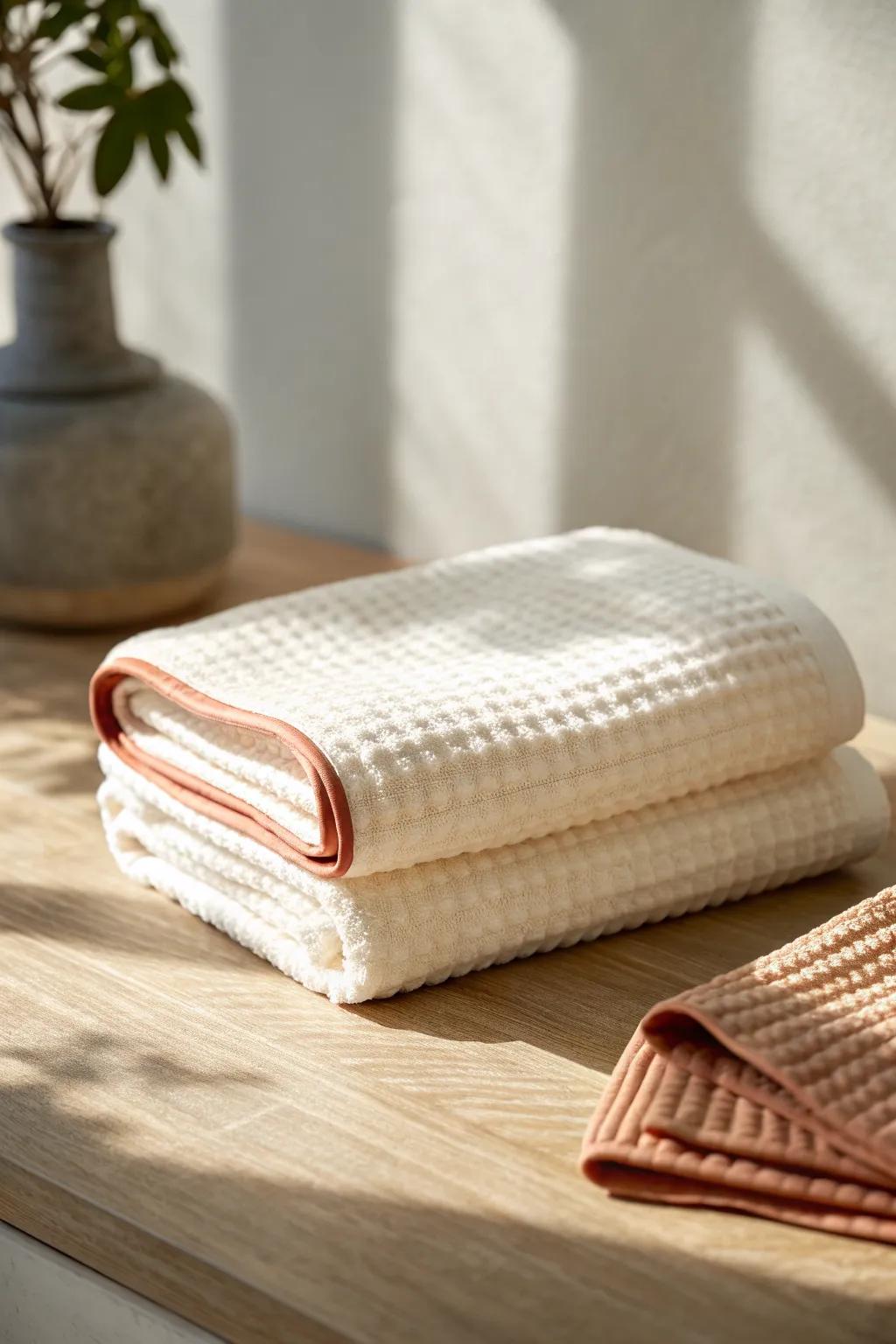 A tiny peek of terracotta turns a simple towel fold into a chic hidden-message detail.