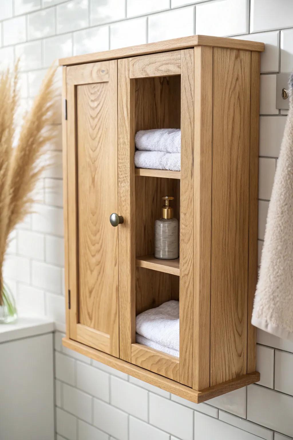 Warm oak louvered wall cabinet—minimal, boho, and ideal for keeping towels fresh.