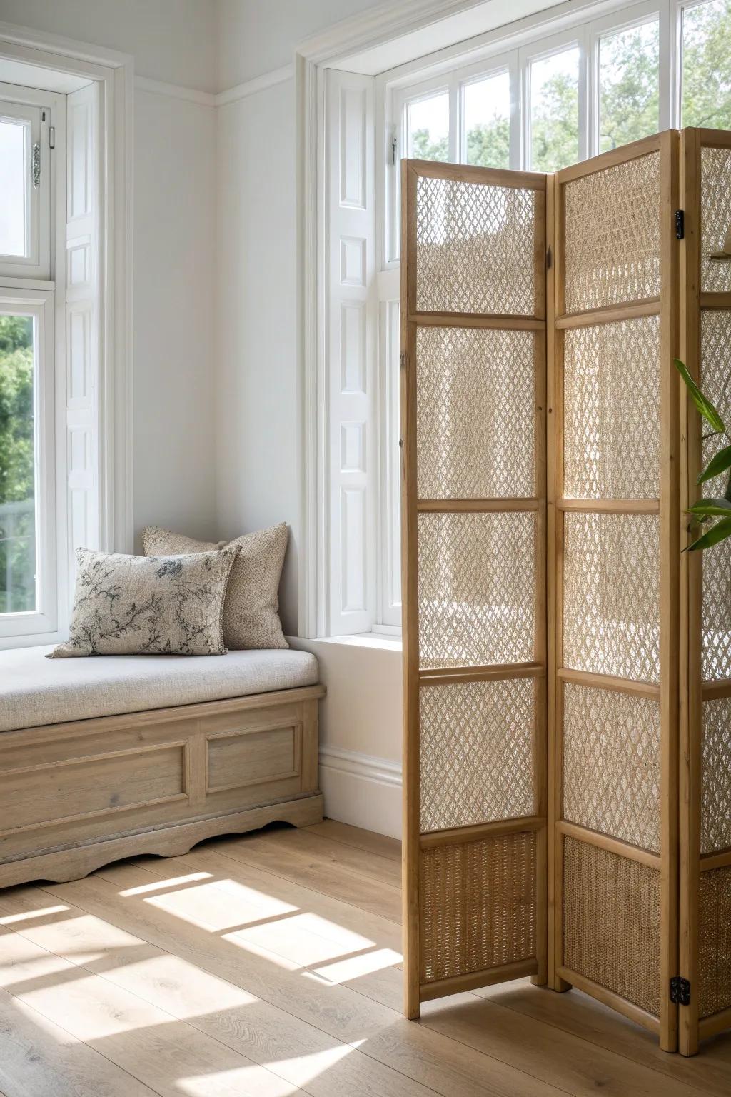 A sculptural folding screen turns a bay-window nook into a serene, private reading corner.