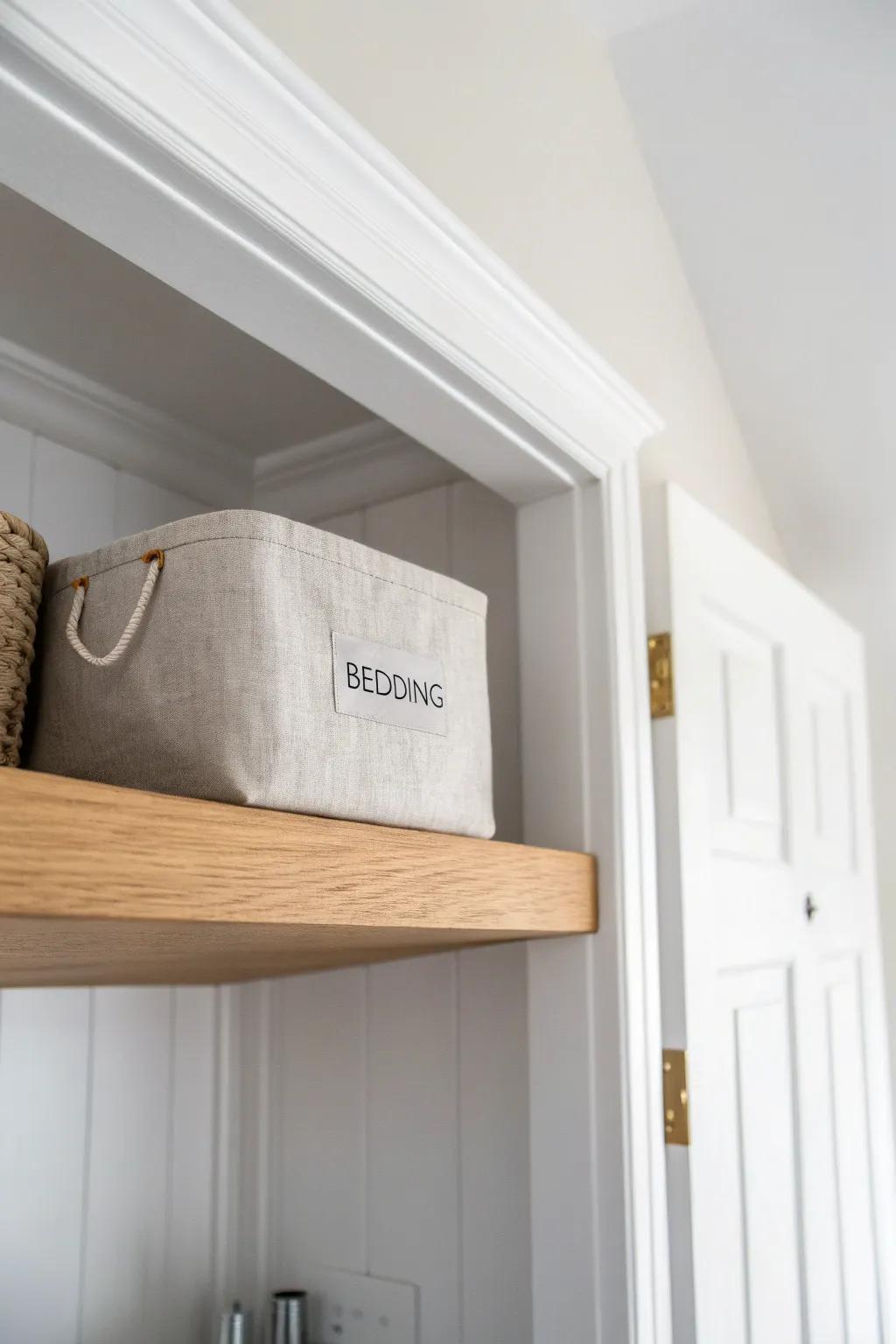 Use high “air space”: a loft shelf above the door keeps bulky bedding stored beautifully.