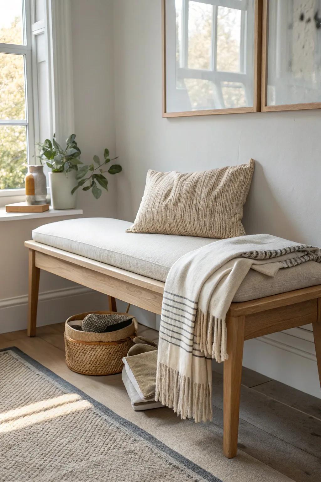A minimalist bedroom bench with a hidden pet nook—tidy floors, cozy naps, chic style.